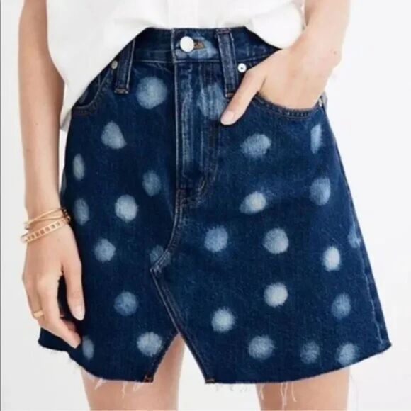 Madewell Dresses & Skirts - Madewell Rigid Denim Skirt A-line Mini Polka Dot Size 24